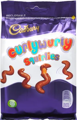 A bag of Cadbury Curly Wurly Squirlies chocolate snacks.