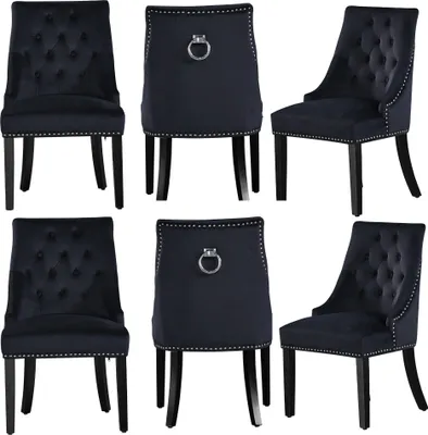 A collage of six images showing different views of black velvet dining chairs with silver ring details on the back.
