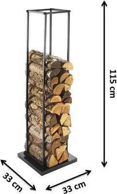 A black metal firewood rack filled with logs, with dimensions indicated by text overlays.
