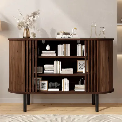 Productafbeelding van Merax dressoir met 3 open vakken en verstelbare metalen poten, commode met ribbenstructuur, woonkamerkast gemaakt van MDF en spaanplaat, walnootkleur