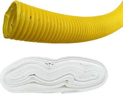 A yellow corrugated drainage pipe and a roll of white filter fabric are shown against a white background.