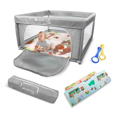 Image de Mobiclinic Kids, parc bébé + tapis de jeu, pliable, 125X125cm, sac de transport, filet respirant, Happyland, tissu inodore et lavable