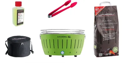 A collection of barbecue accessories, including a grill, charcoal bag, tongs, cleaning fluid, and a carrying case, arranged against a white background.