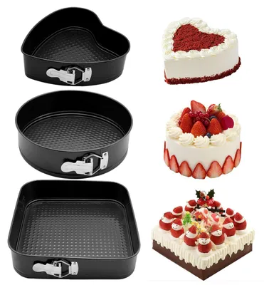 Obrázek produktu pro Sada forem na dorty s odnímatelným dnem, 3 kusů, o průměrech 18/20/23 cm, ve tvaru srdce, kruhu a čtverce, s nepřilnavým povrchem