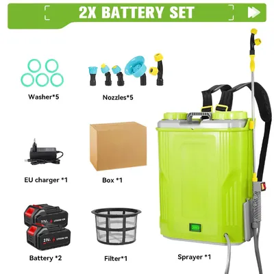 Obrázek produktu pro Elektrický postřikovač na záda – objem 20 litrů, zahradní postřikovač – průtok 3,5 litrů/minutu, tlak 5,5 barů, automatický systém míchání, nastavitelné trysky, s 2 bateriemi