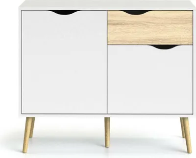 Image de CALICOSY - Petit buffet 2 portes, 1 tiroir blanc etReproduction chêne L98,7 cm - BILLUND