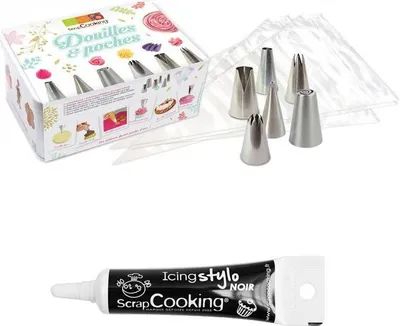 Image de Boîte de pâtisserie 6 douilles en acier inoxydable et poche à douille + crayon noir pour glaçage