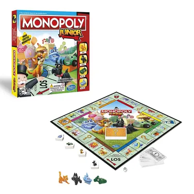 A product shot of Monopoly Junior board game packaging and the game board laid out with pieces.