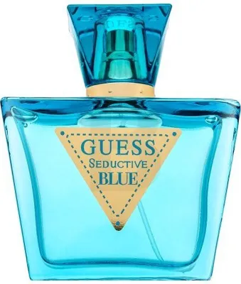 A product shot of a blue perfume bottle.