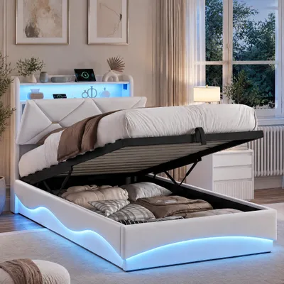 Obrázok produktu pre Postel INONEFT, 90x200 cm, s LED osvetlením a USB portami, s hydraulickým úložným priestorom, posteľ pre mládež s úložným priestorom v čelnej časti, farba: béžová (zamat)
