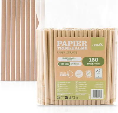 Produktbild von Trinkhalm aus Papier , in Naturbraun, Ø 8 mm / 15 cm, 150 Stück in Folienbeutel