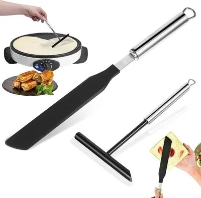 Produktbild von 2-teiliges Küchenhelfer-Set aus Edelstahl und Silikon: Pfannkuchenwender, Pfannkuchenteiler, Winkelspatel, Pfannkuchenformer mit langem Edelstahlgriff