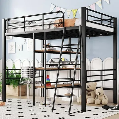 Image de Lit superposé, 90x200 cm, sans matelas, lit avec bureau intégré, plusieurs étagères, barrière de sécurité, échelle, structure en fer (noir)