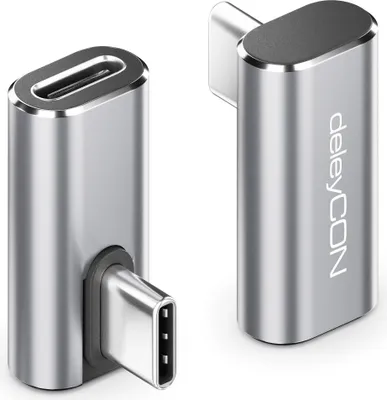 Produktbild von deleyCON USB-C Adapter Winkel 90 Grad (2 Stück) 40Gbps, 240W, 8K60Hz, Aluminium Gehäuse, Typ C Stecker auf Buchse Kompatibel mit Smartphone Tablet Laptop Notebook PC Switch uvm.