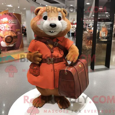 Produktbild von Maskottchenfigur REDBROKOLY eines Rostmongoose mit Minirock und Handtasche