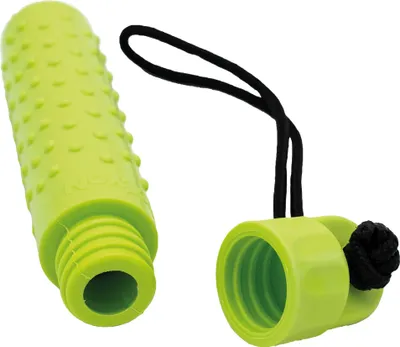 A bright green silicone dog toy, a hollow tube with a textured surface, and its cap are shown against a white background. The cap is attached to the tube by a black cord.