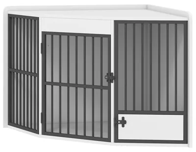 Produktbild von PawHut Eck-Hundekäfig Hundebox für Zuhause mit drehbare Fütterungstür Weiß