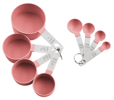 Produktbild von Messbecher Messlöffel Set - 8 Stück - Edelstahl - Rosa - Mit Silikonringen
