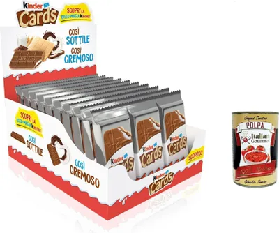 Produktbild von Kinder Cards Waffel mit scholokade schoko riegel 30 Stück kekse waffel 768 g + Italian Gourmet polpa 400g