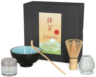 Produktbild von Matcha Set / Matchaset / Matcha Schale 250ml himmelblau mit Besen/Löffel/Halter/Tee in Geschenkbox