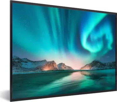 Produktbild von MuchoWow® MuchoWow® Gerahmtes Poster Nordlichter - Schnee - Reflexion - Norwegen 40x30 cm - Poster mit zchwarzem Bilderrahmen - Kunstposter - Wanddekorationen