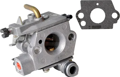 A carburetor and a gasket are shown against a white background.