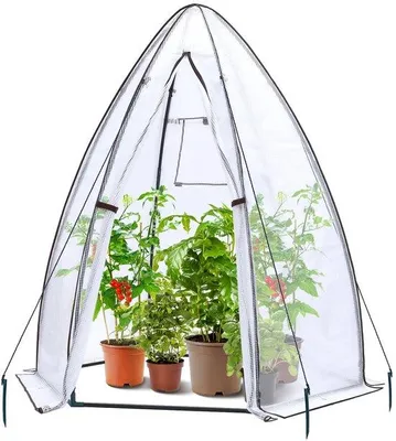 Obrázek produktu pro Uniqoos® Odolný proti povětrnostním vlivům, přenosný skleník 160 × 138 × 180 cm – šestihranná základna a špičatý střechu, PE fólie, kovová konstrukce s práškovým nástřikem, dveře se zipem