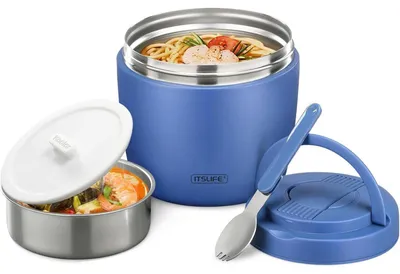 Immagine prodotto di Contenitore termico per alimenti da 970 ml, in acciaio inossidabile, colore blu, con cucchiaio e coperchio