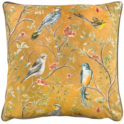 Dekokissen mit Vogelmotiv, Samt, Federfüllung, 43x43 cm, Gold