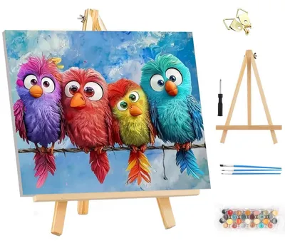 Obrázek produktu pro Sada pro malování podle čísel s rámem, motiv pták, rozměry 35x25 cm, vhodná pro začátečníky a dospělé, obsahuje akrylové barvy a štětce
