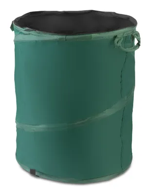 A green pop-up trash can with black interior, shown against a white background.