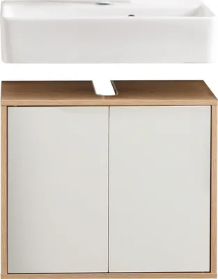 Produktbild von FACKELMANN FINN Badmöbel Set 2 Teile / Waschbecken / Waschbeckenunterschrank mit 2 Türen / Badschrank mit Push-to-Open / Korpus & Front: Weiß / Rahmendekor & Füße: Braun hell / Breite: 60 cm