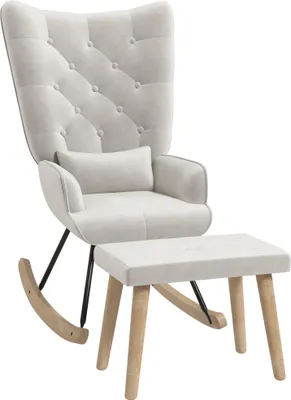 Produktbild von Fortuna Lai Schaukelsessel mit Hocker, Relaxsessel mit Kissen, Samtoptik, Ohrensessel mit Holzbeine für Schlafzimmer, Wohnzimmer, 66 x 96 x 101 cm, Cremeweiß