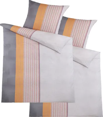 Produktbild von 4-tlg. Set Seersucker Bettwäsche 2x(135x200 +80x80cm), grau ocker koralle weiß, Streifen, bügelfrei, Microfaser