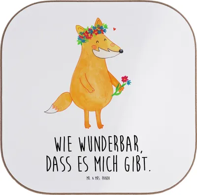 Produktbild von Mr. & Mrs. Panda Tassenuntersetzer Fuchs Blumen - Weiß - Geschenk, Selbstbewusst, Tassen Untersetzer, Blumenmädchen, Tischuntersetzer, Ich, Glas, Coaster, für Gläser