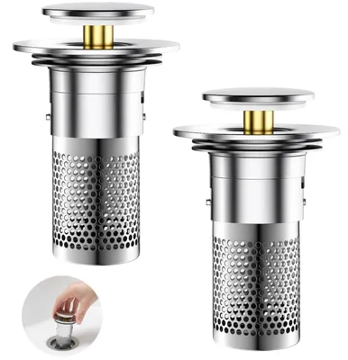 Produktbild von Set mit 2 Spülbeckenstöpseln, Abflussstopfen, Abflusssieben, Spülbeckenstöpseln mit Sieb, Edelstahl-Design, einfach zu bedienen, ideal für Küche und Bad