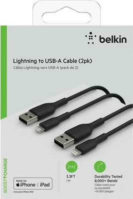 Zdjęcie produktu dla Belkin CAA001BT1MBK2PK, 1 m, Lightning, USB A, Męska, Męska, Czarny