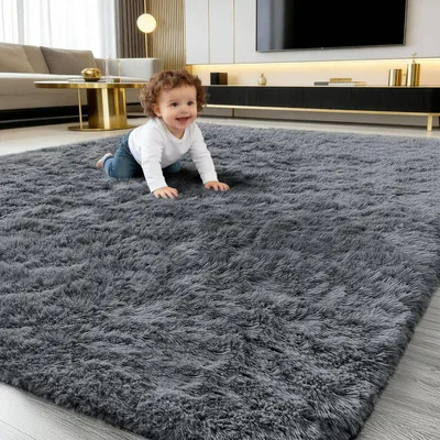 Produktbild von Hochflor Teppich Wohnzimmer 160x220 cm Dunkelgrau 3,5 cm Florhöhe Rutschfest Maschinenwaschbar