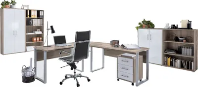 Produktbild von Büromöbel-Set TABOR PRO 1 in Eiche Sonoma / weiß Hochglanz, Arbeitszimmer Komplett-Set