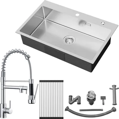 A stainless steel kitchen sink and faucet set with accessories, displayed against a white background.