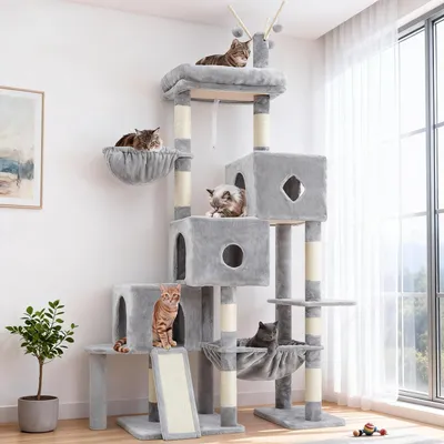 Productafbeelding van Kattenboom in trapvorm, met 3 nestkasten, een grote hangmat, een sisalkrabpaal, geschikt voor grote katten