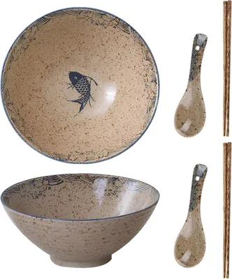 Image de Bol à ramen, 1200 ml, lot de 2, avec cuillère et baguettes, idéal pour les soupes de nouilles