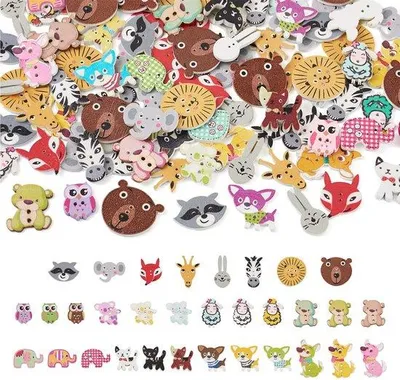 Produktbild von 130 Stück Holzknöpfe mit Cartoon-Druck, 2-farbig, Holz-Pomponknöpfe mit Fuchs, Bär und Eule, Tierknöpfe, lustige Knöpfe, Holzknöpfe für Basteln, Dekoration und Nähen.