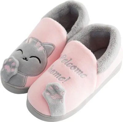 Produktbild von ASKSA Damen Herren Pluesch Baumwolle Hausschuhe Damen Herren Winter Warme Gefuettert weiche Pantoffeln mit Cartoon Katze rutschfeste Slippers Hause Indoor, Rosa, Groesse: 42-43