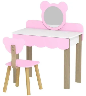 Produktbild von Kinderschminktisch mit Hocker - Frisiertisch Set - Spiegel in Bärenform - Schublade - Holz und MDF - Zum Selbstaufbau - Rosa