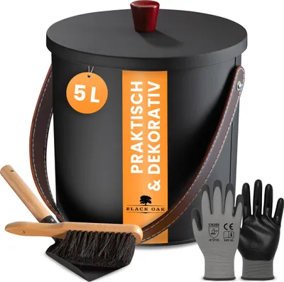 Produktbild von BLACK OAK Ascheeimer TOBA 5L – schwarz mit Deckel, Feger, Schaufel & Handschuhen