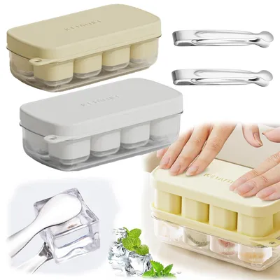 Eiswürfelbehälter 2er-Set mit Deckel und Zange, Weiß/Gelb