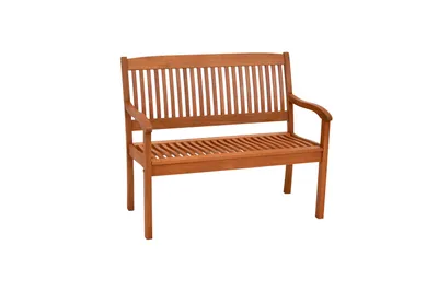 A wooden bench on a white background.