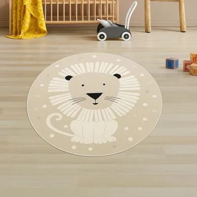 Produktbild von Spielezimmer Teppich Kinderzimmer 3d-Effekt Löwenmuster Beige Größe - 120 cm Rund
