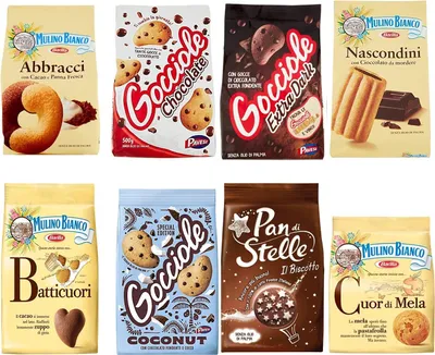 Produktbild von Pavesi Barilla Kekse Gocciole Testpaket Chocolate Dark Coconut biscuits + Mulino Bianco Pan di stelle Abbracci Nascondini Cuori di Mela Batticuori 350g